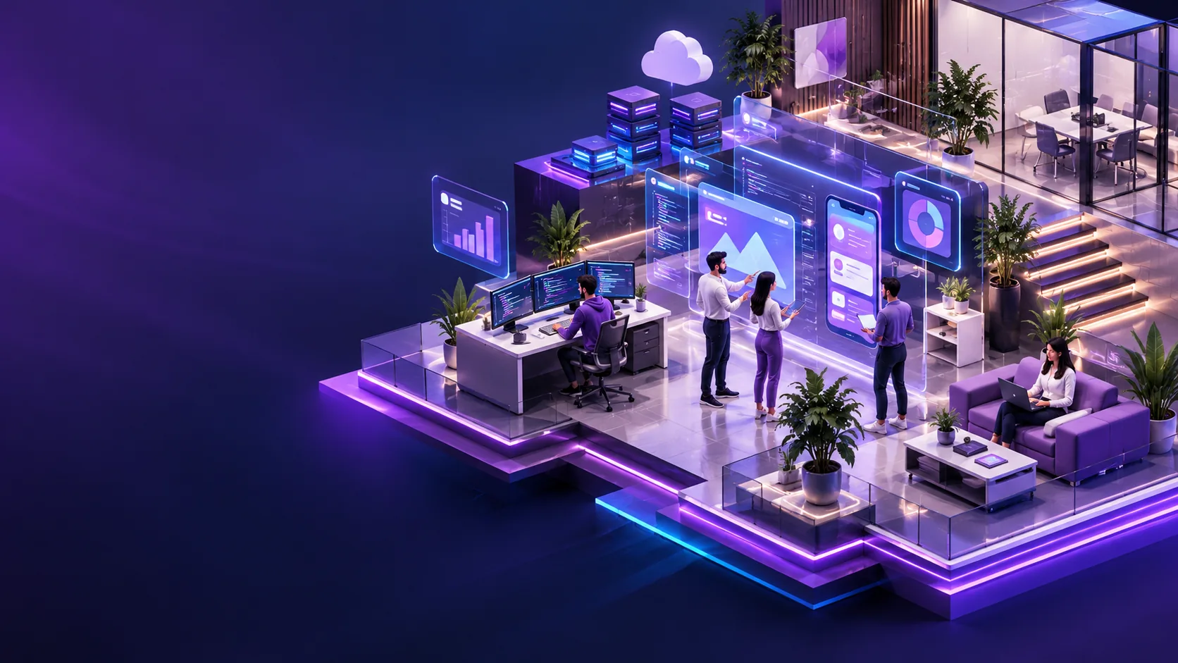 Illustrated 3D software studio with a team collaborating on digital products